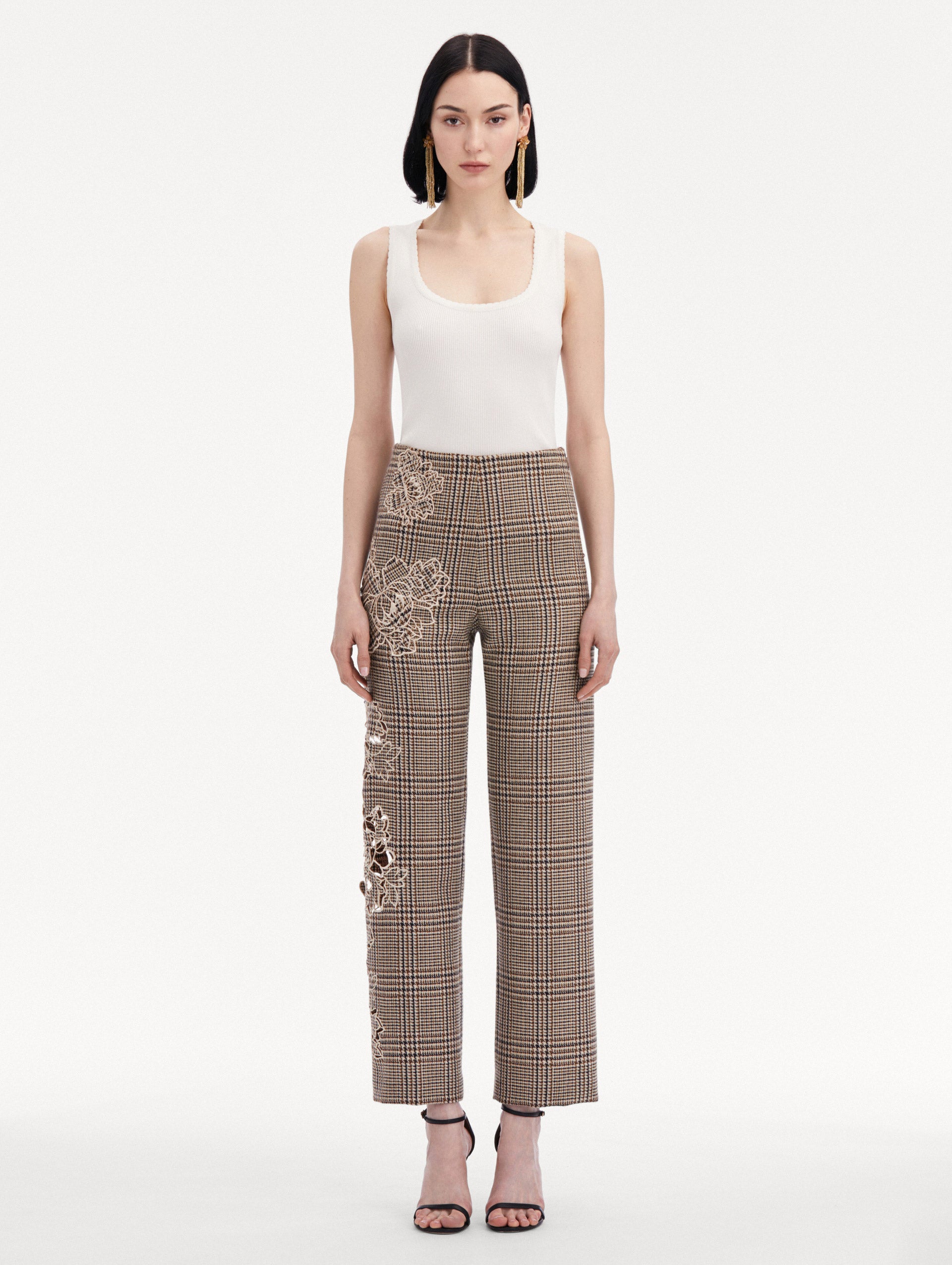 Peony Guipure Applique Plaid Pant Front View