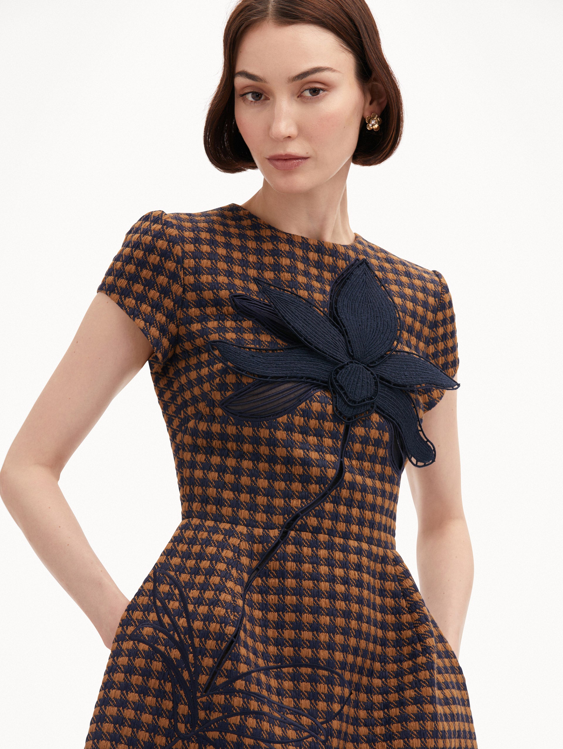 Check Tweed Orchid Embroidered Dress Zoom View