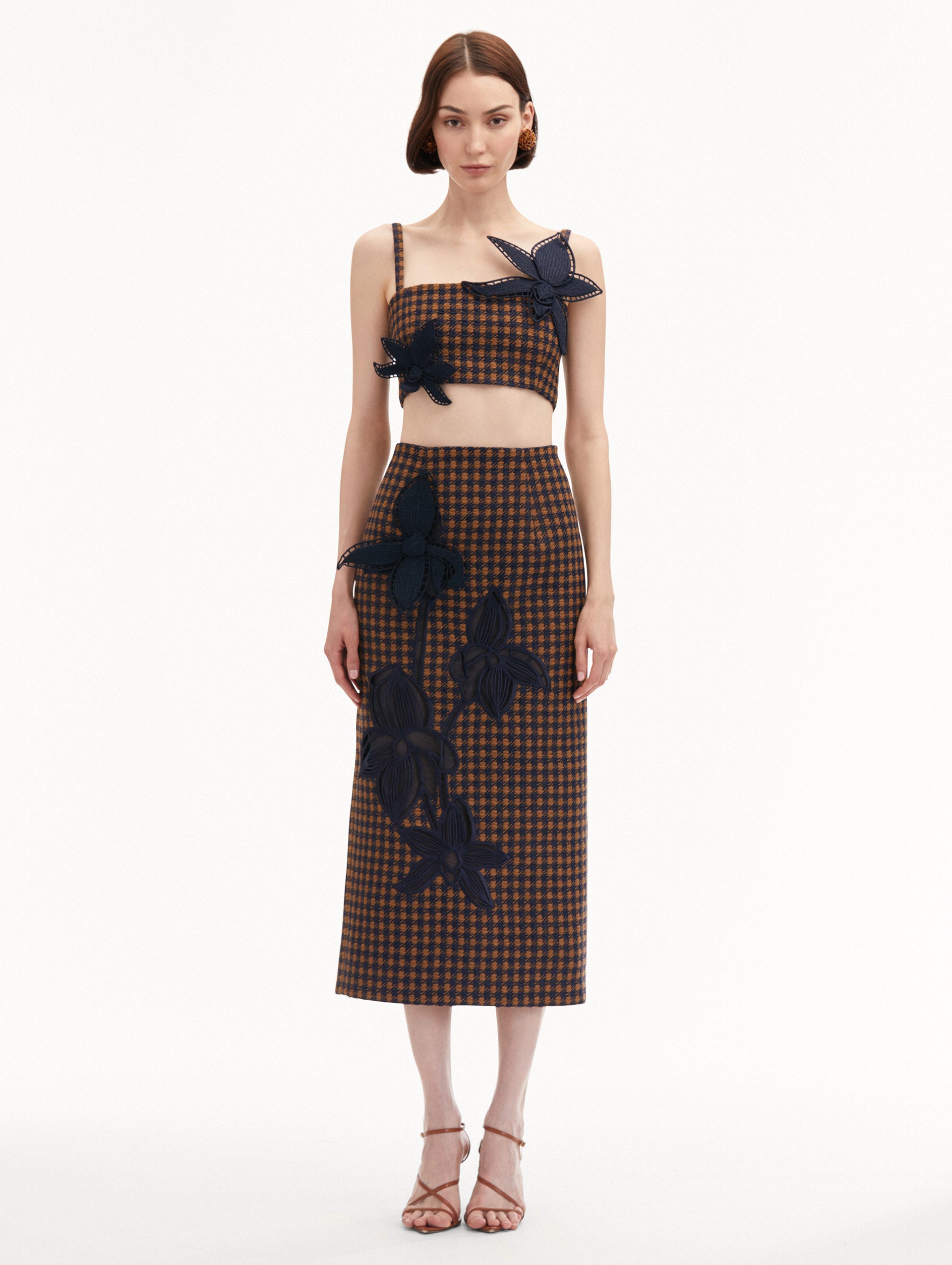 Check Tweed Orchid Embroidered Pencil Skirt Front View