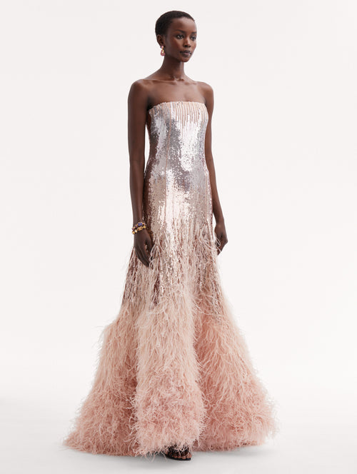 Sequin & Feather Embroidered Gown Side View