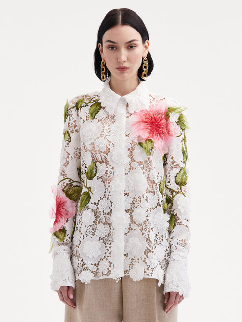 Hibiscus Embroidered Floral Guipure Blouse Front View