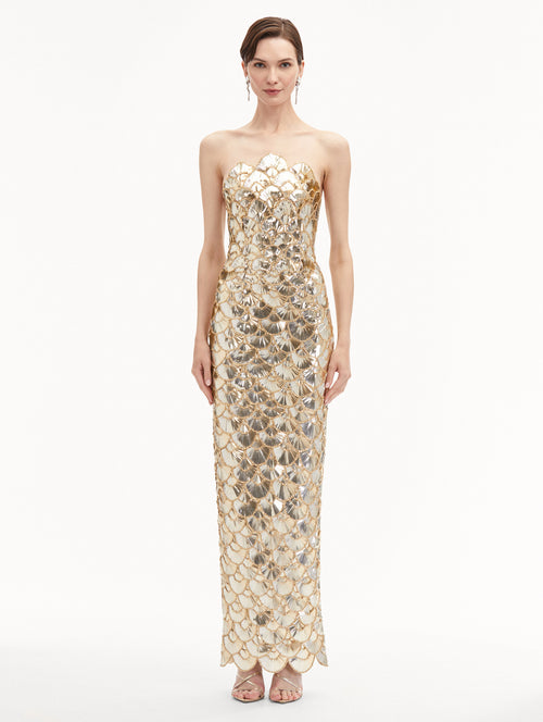 Sequin Scallop Embroidered Gown Front View