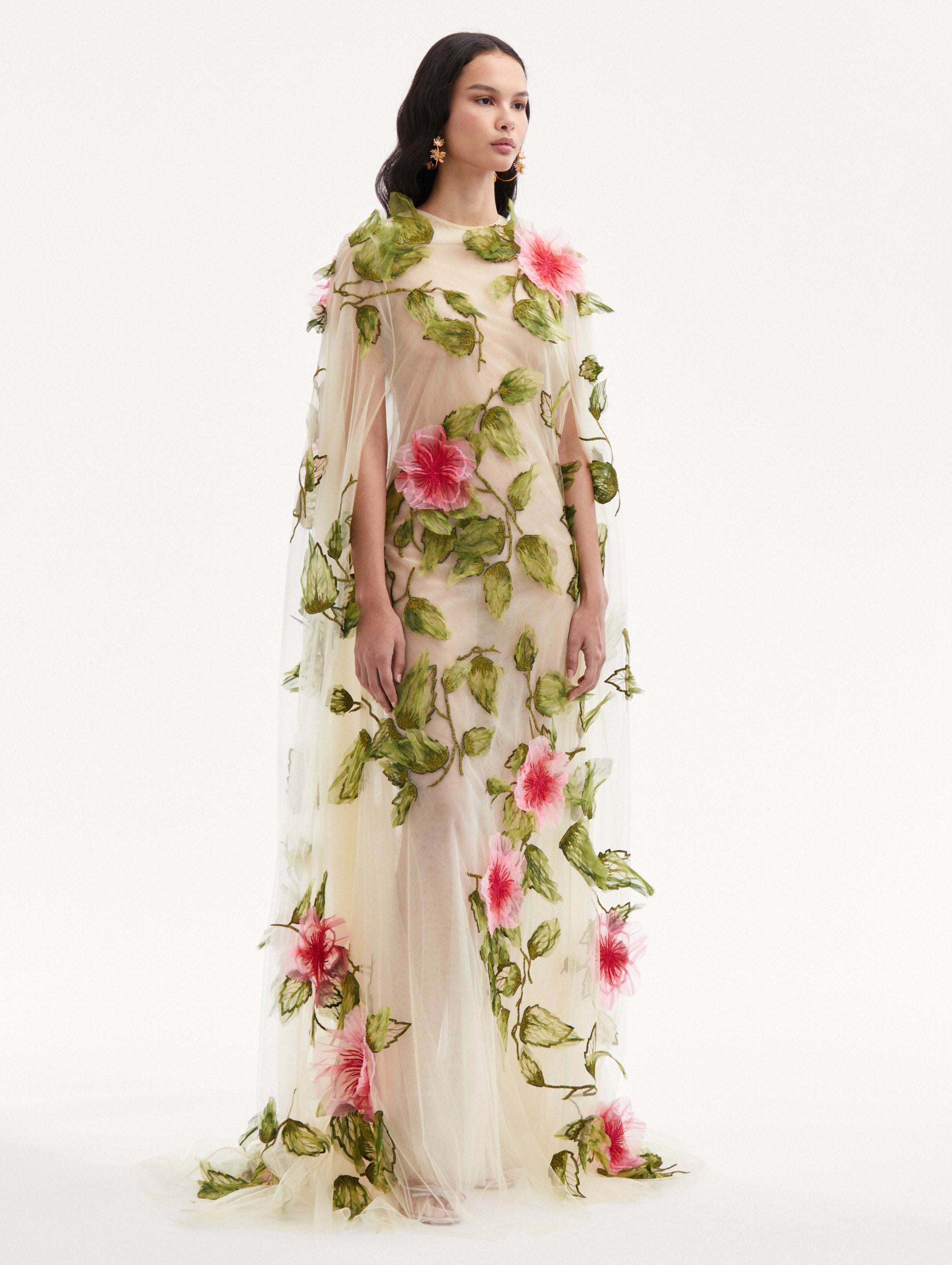 Hibiscus Embroidered Tulle Caftan Side View