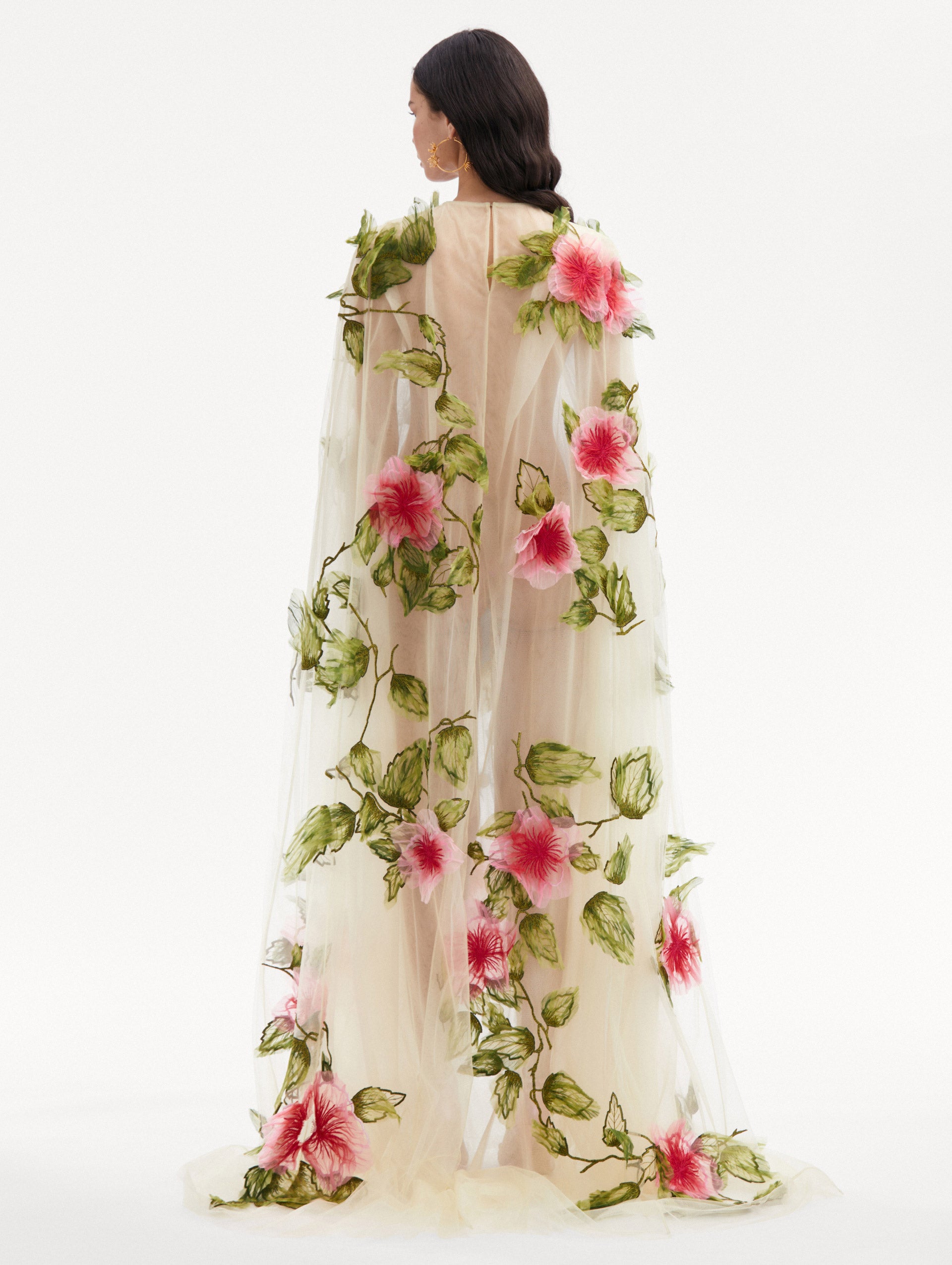 Hibiscus Embroidered Tulle Caftan Back View