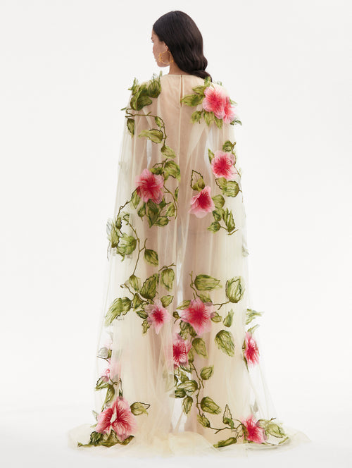 Hibiscus Embroidered Tulle Caftan Back View