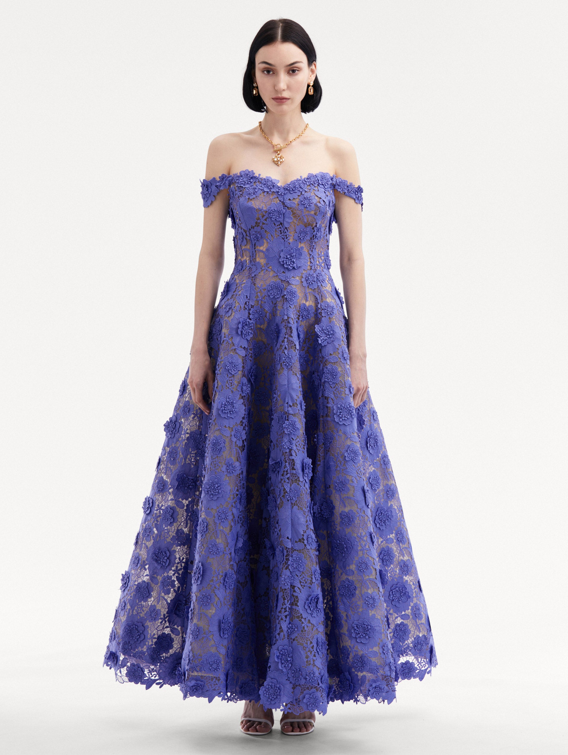 Off Shoulder Floral Guipure Gown Front View