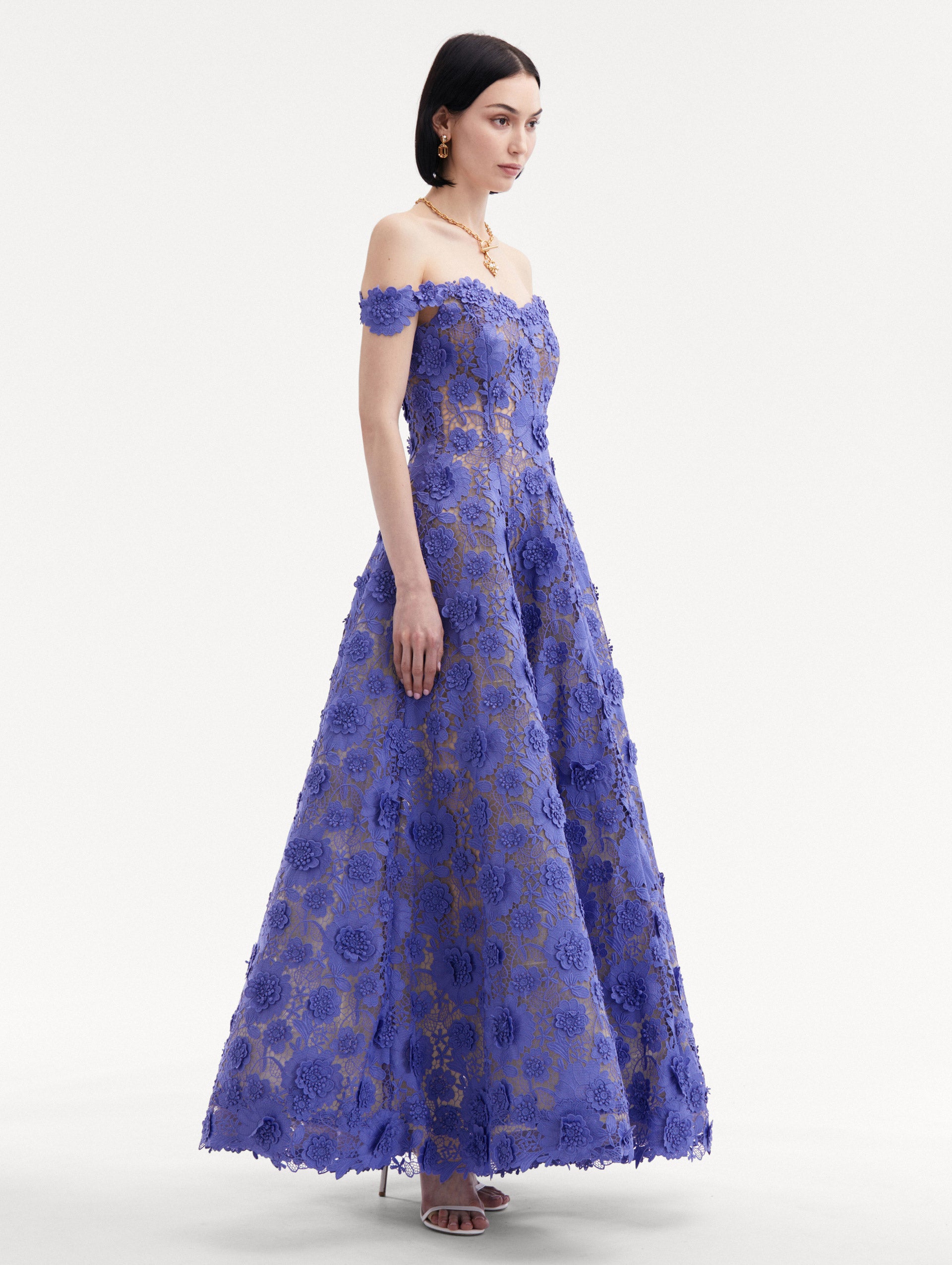 Off Shoulder Floral Guipure Gown Side View