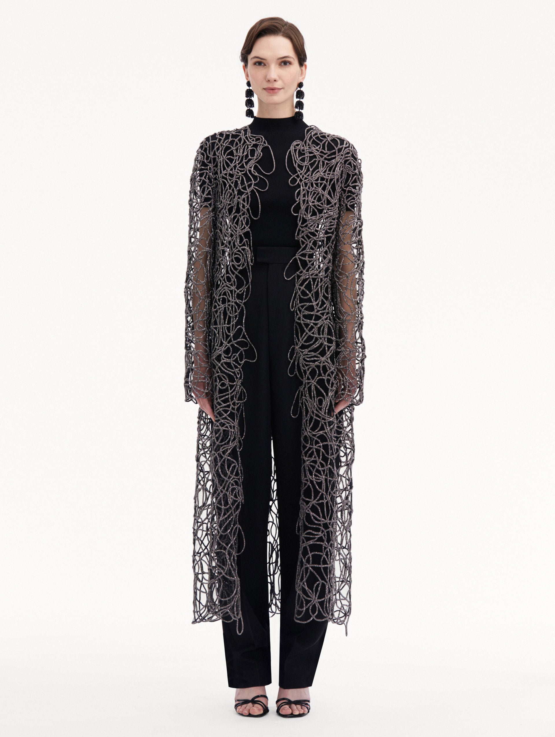 Crystal Embroidered Cord Coat Front View