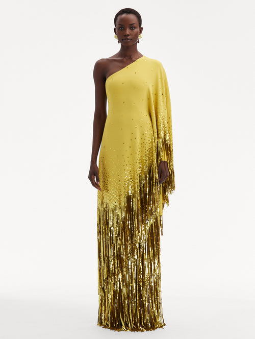 One Shoulder Sequin Fringe Caftan Front View