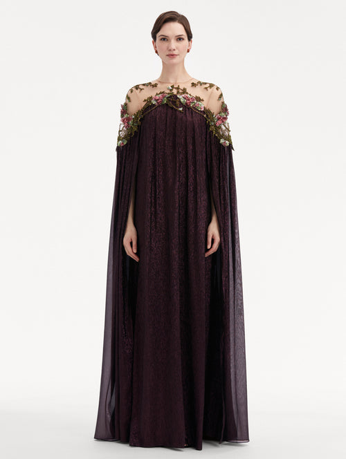 Art Nouveau Floral Details in Illusion-Neck Dark Purple Caftan Front View