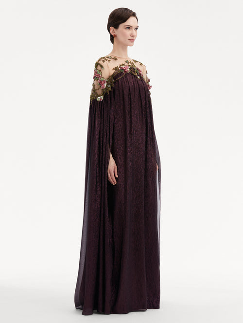 Art Nouveau Floral Details in Illusion-Neck Dark Purple Caftan Side View