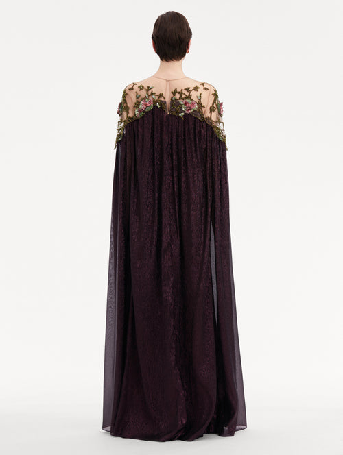 Art Nouveau Floral Details in Illusion-Neck Dark Purple Caftan Back View