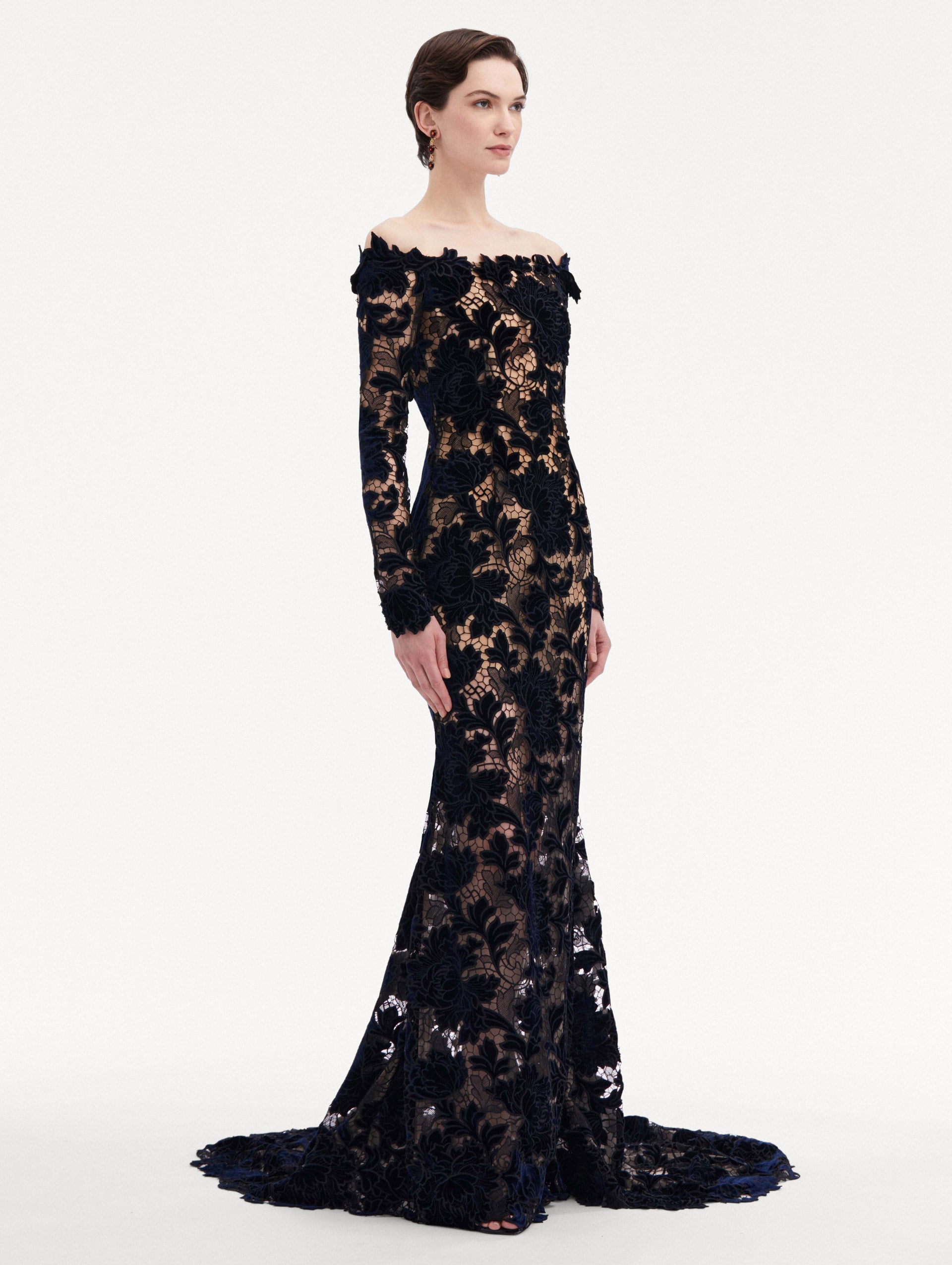 Off Shoulder Peony Velvet Guipure Gown Side View