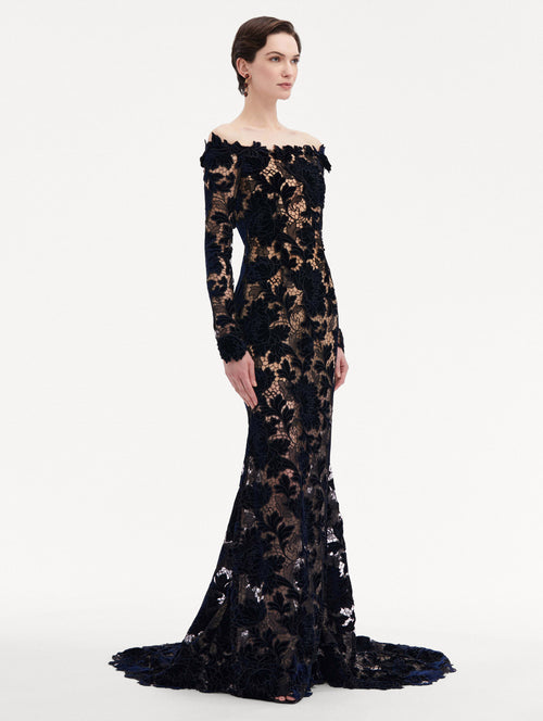 Off Shoulder Peony Velvet Guipure Gown Side View