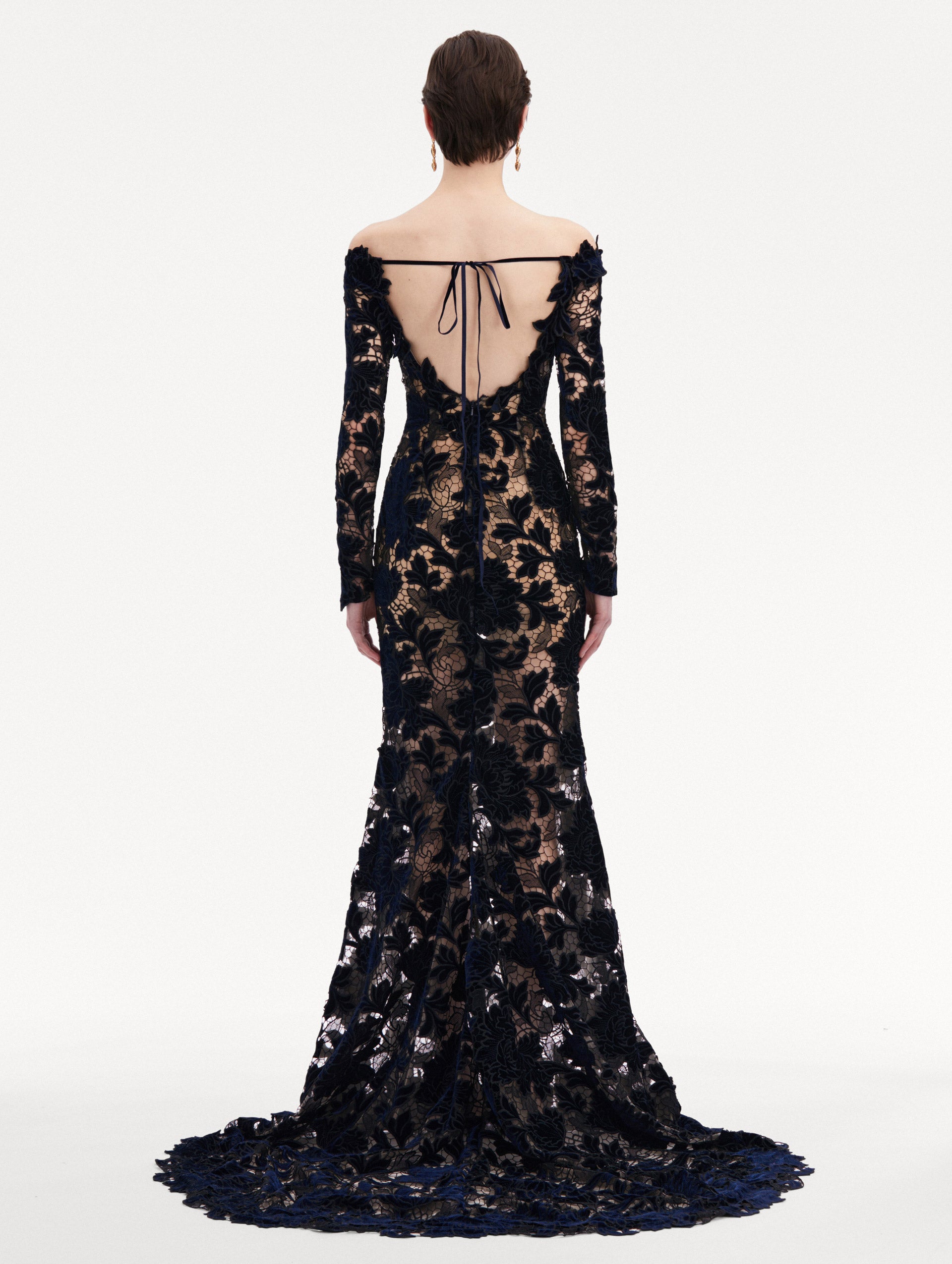 Off Shoulder Peony Velvet Guipure Gown Back View