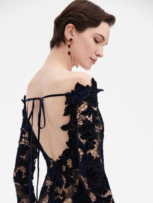 Off Shoulder Peony Velvet Guipure Gown Zoom View