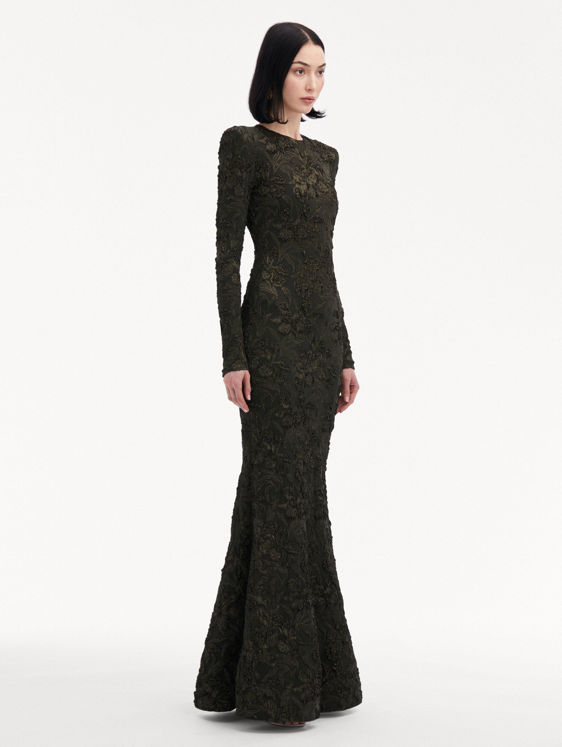 Metallic Orchid Jacquard Gown Side View