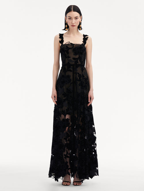 Peony Velvet Guipure Sleeveless Gown Front View