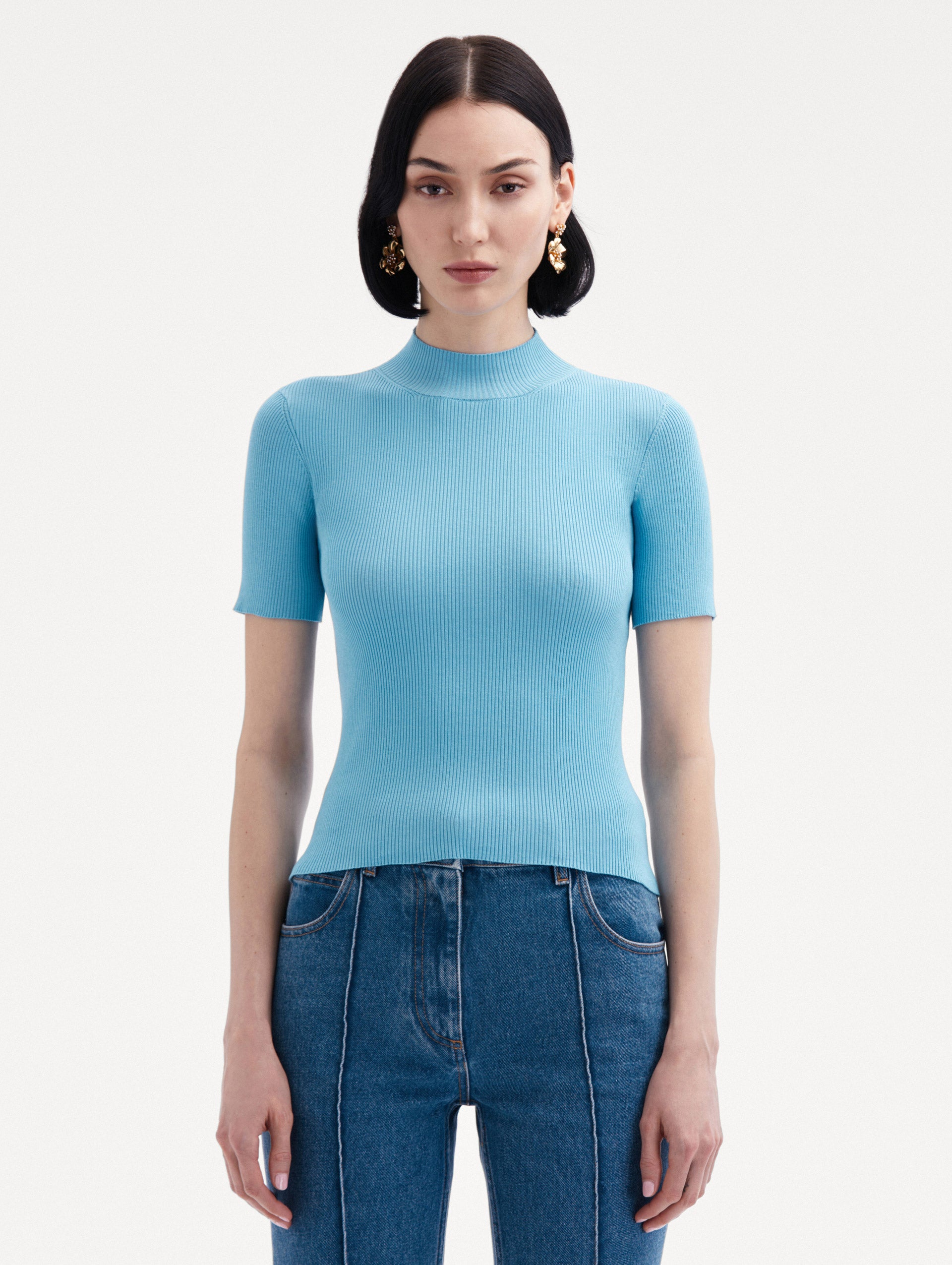 Short Sleeve Mock Neck Ribbed Pullover Front View