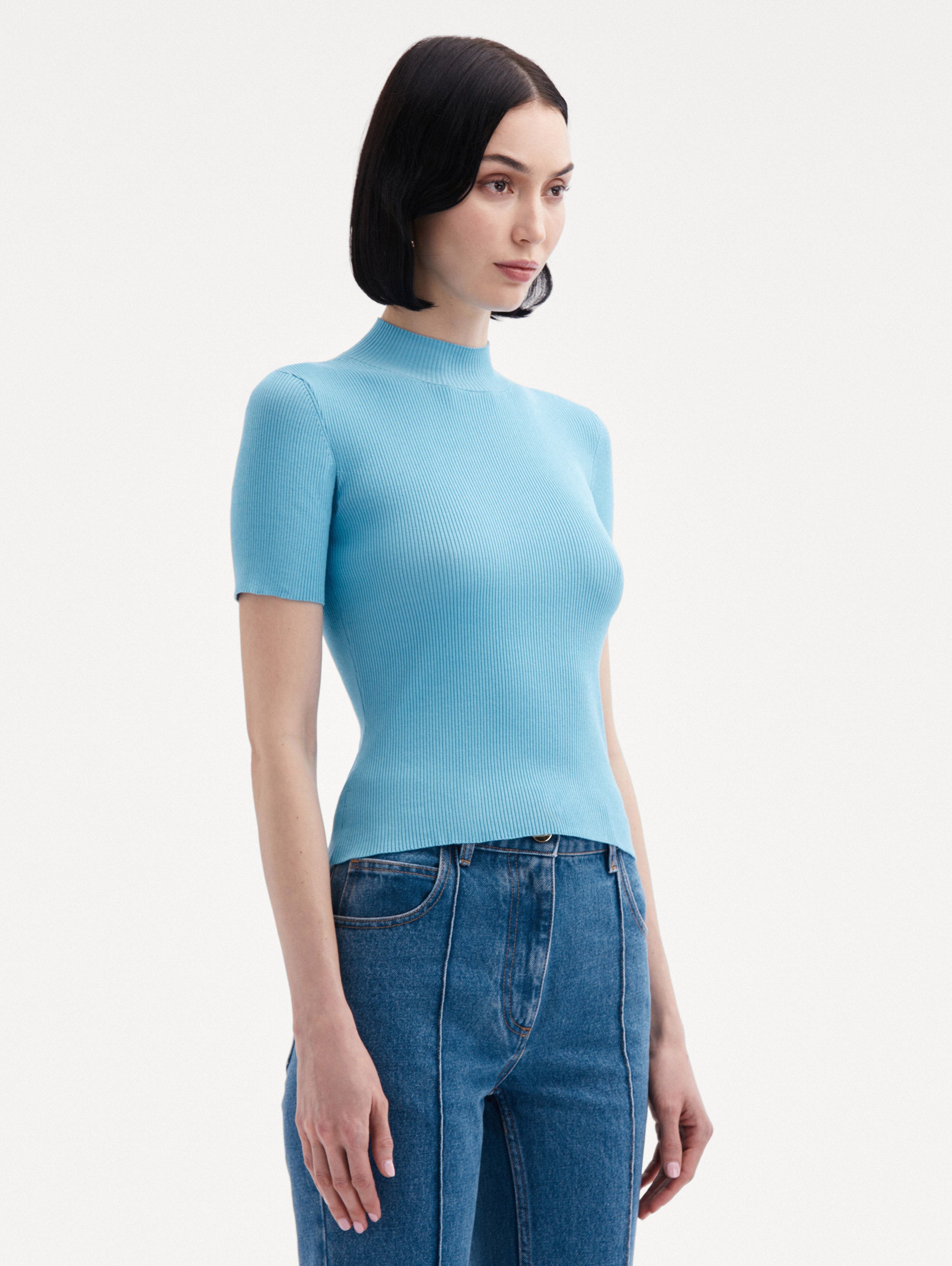 Short Sleeve Mock Neck Ribbed Pullover Side View