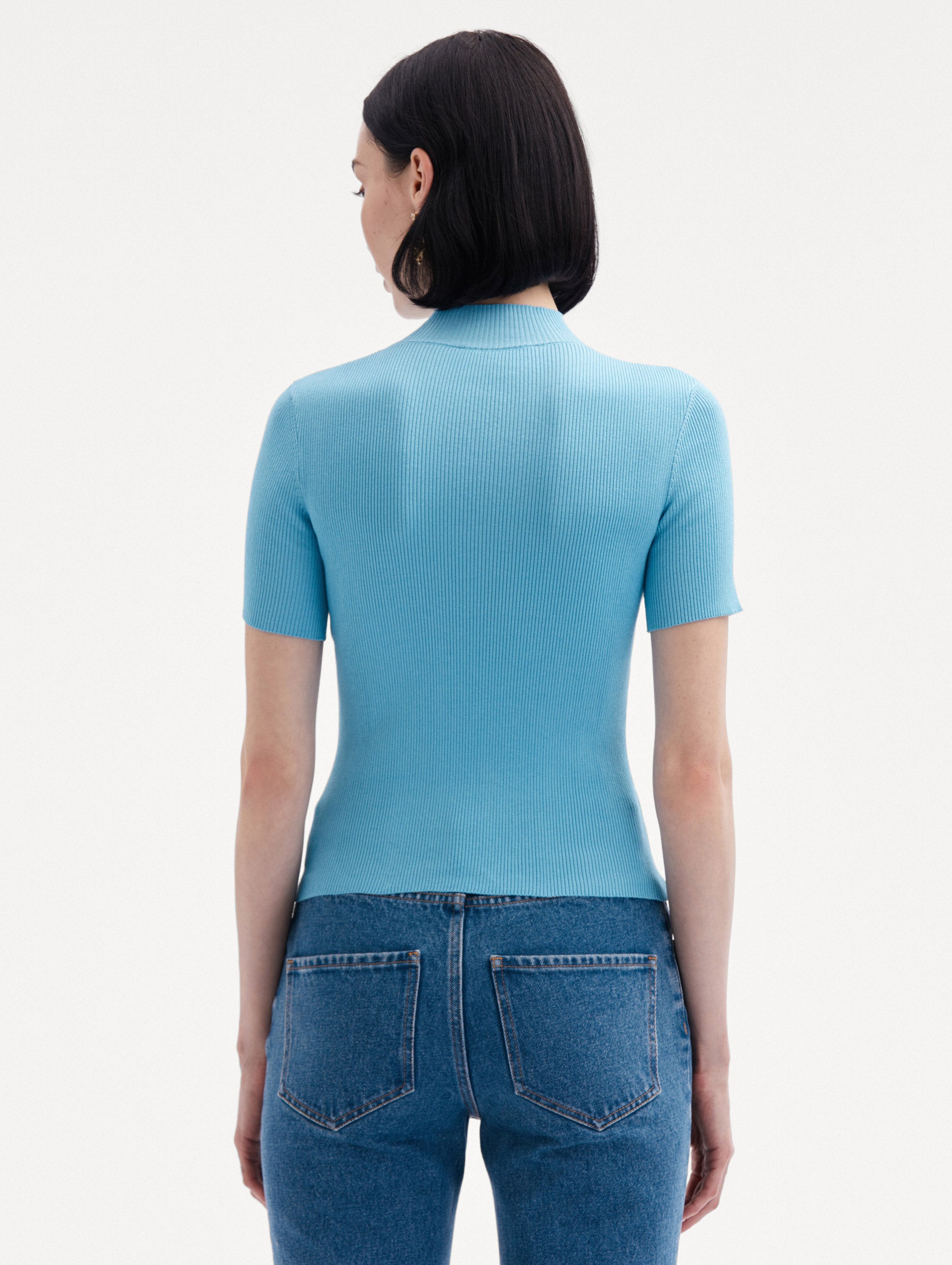 Short Sleeve Mock Neck Ribbed Pullover Back View