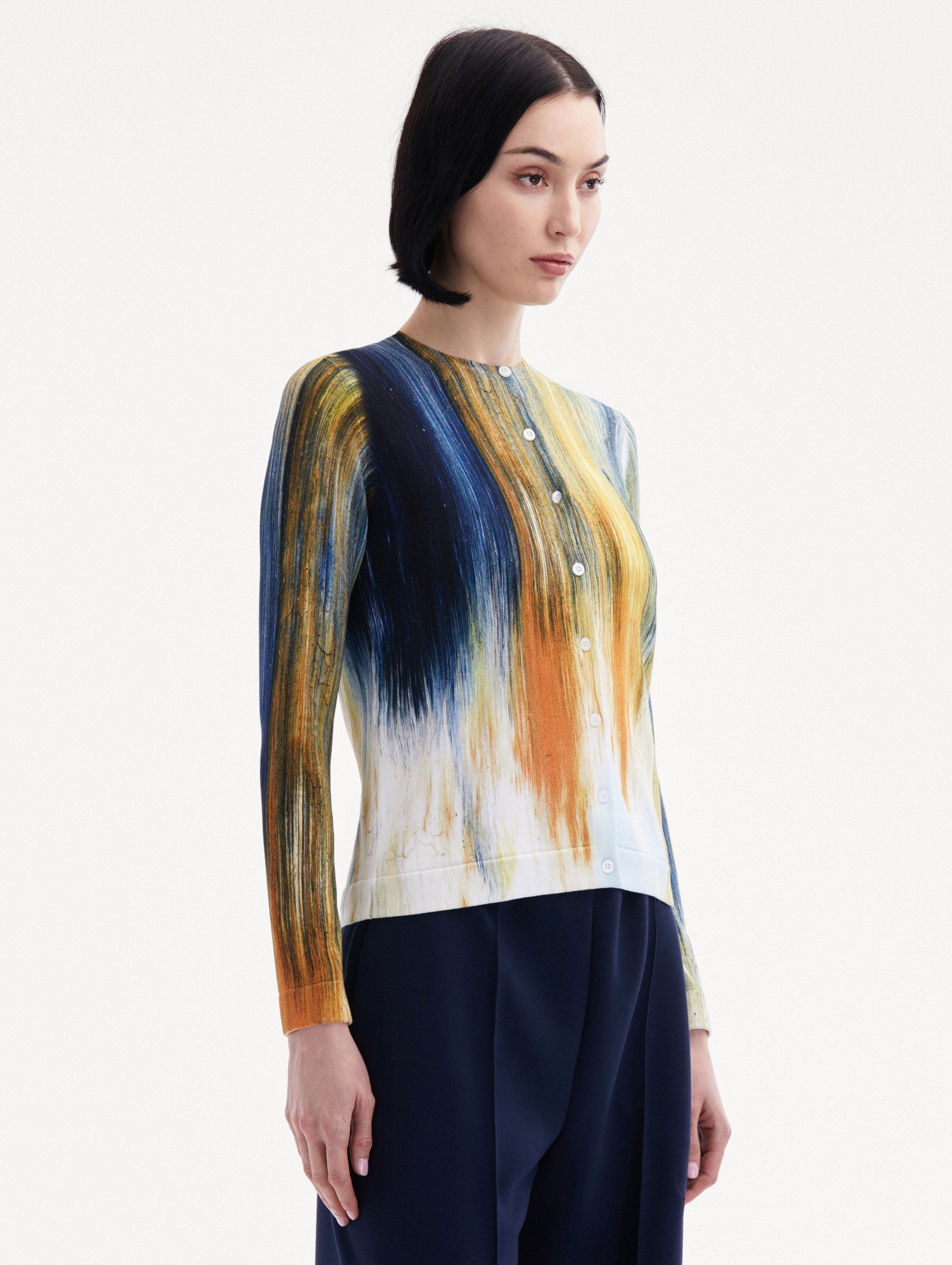 Abstract Brushstroke Printed Cardigan Side View