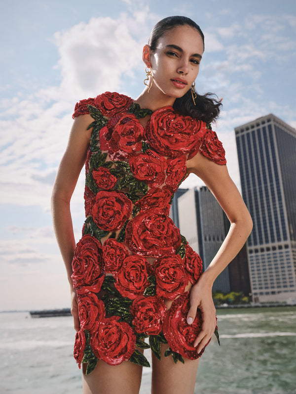 The model is wearing a ruby-red sequin embroidery and printed fil coupé mini dress.