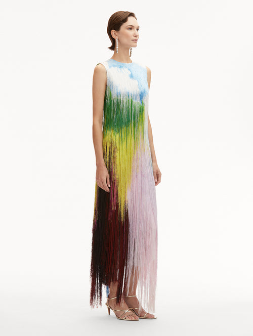 Abstract Watercolor Fringe Cocktail Sleeveless Maxi Dress Side View