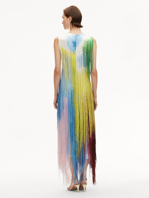 Abstract Watercolor Fringe Cocktail Sleeveless Maxi Dress Back View