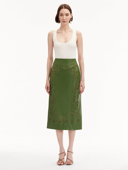 Laser Cut Floral Leather Pencil Skirt Front View