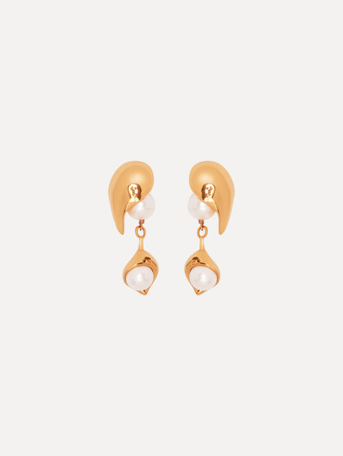 Abstract Leaf Pearl Drop Earrings Front View