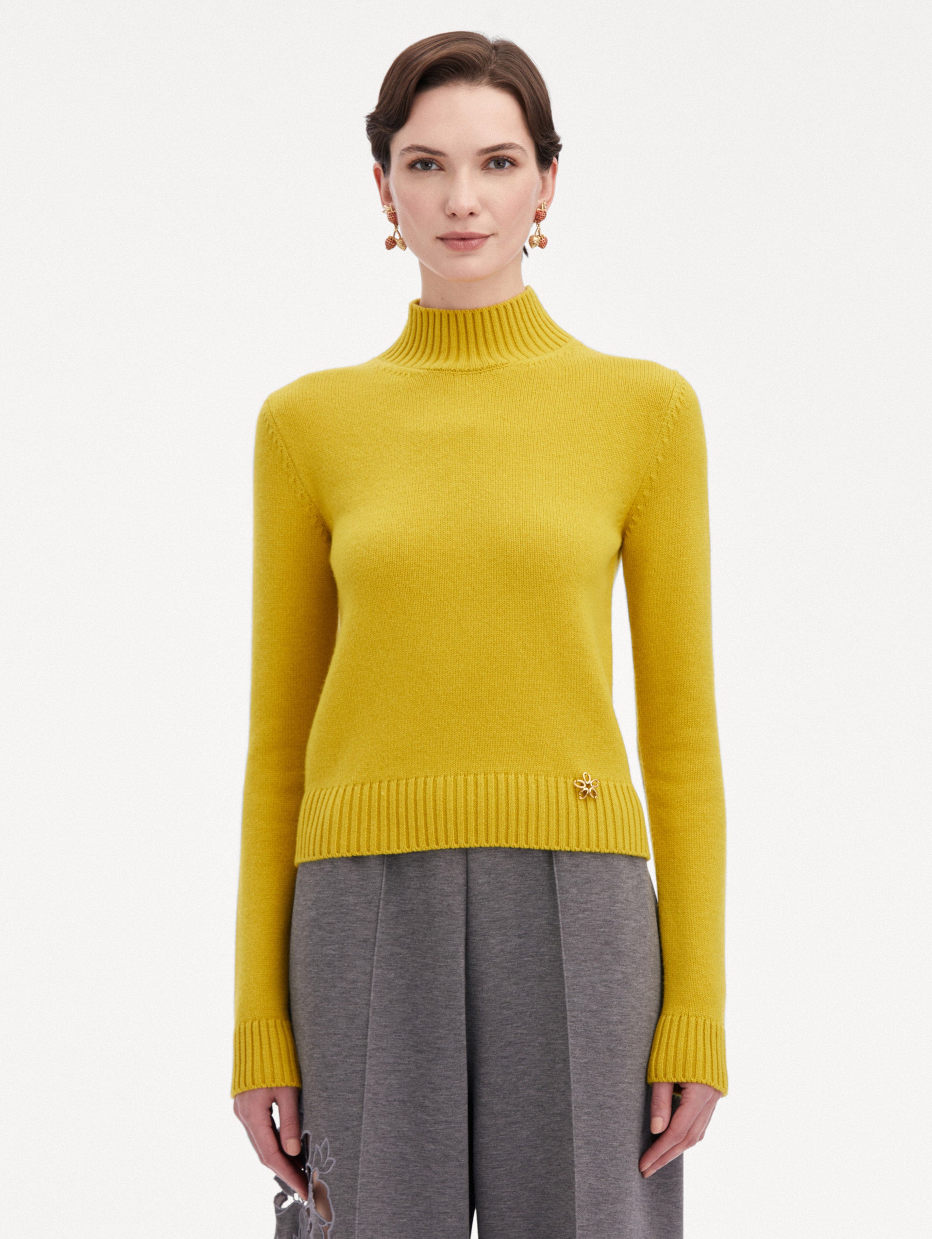 O Flower Mock Neck Cashmere Pullover Front View