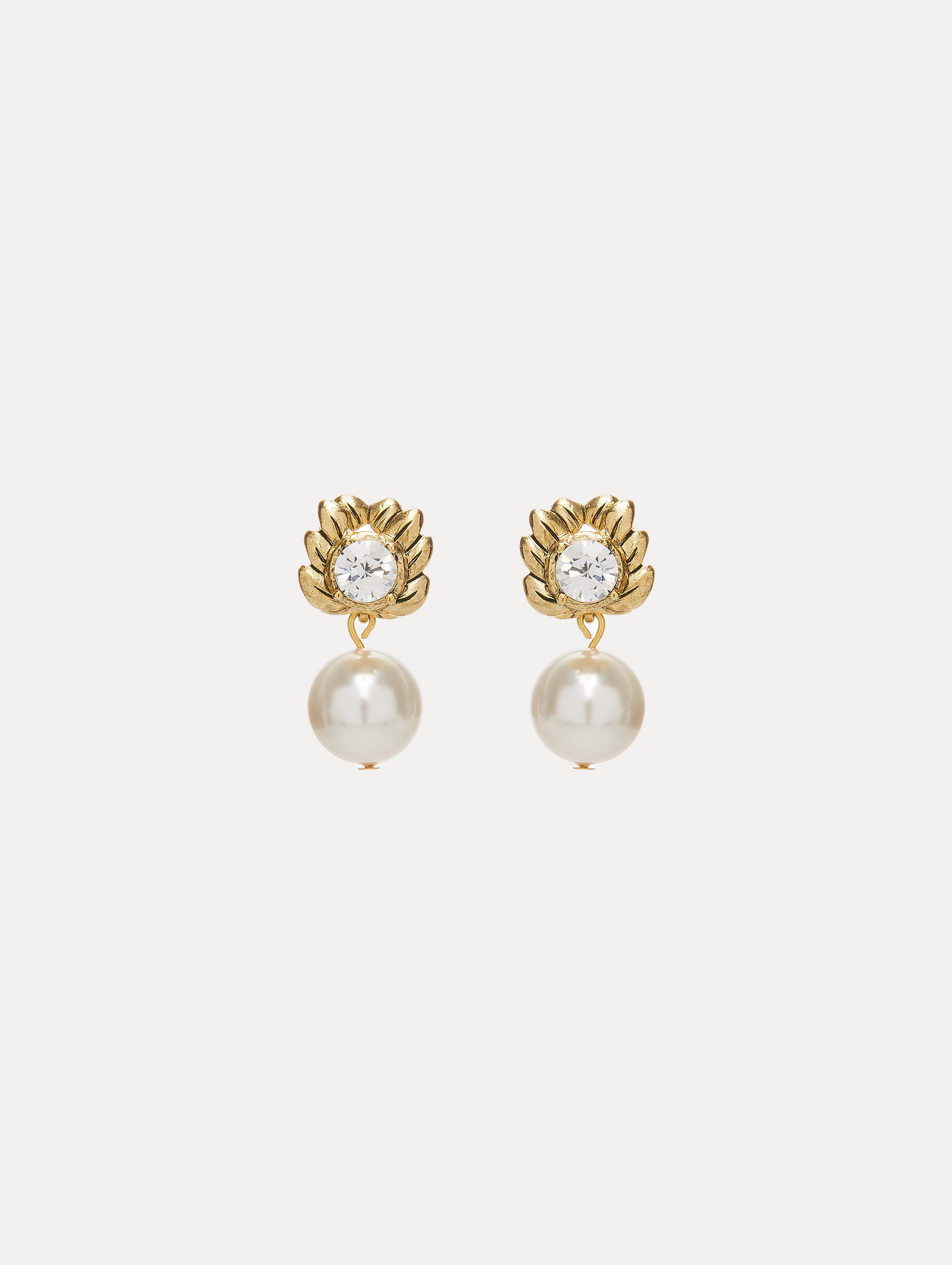 Crystal Pearl Drop Gold Earrings Front View