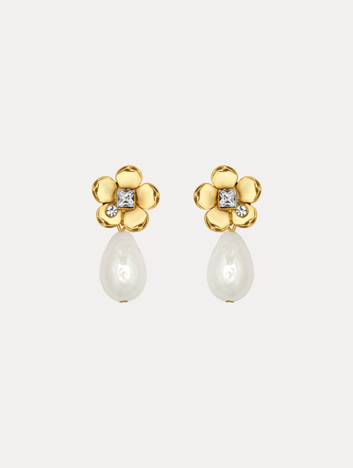 Flower Pearl Drop Earrings Front View