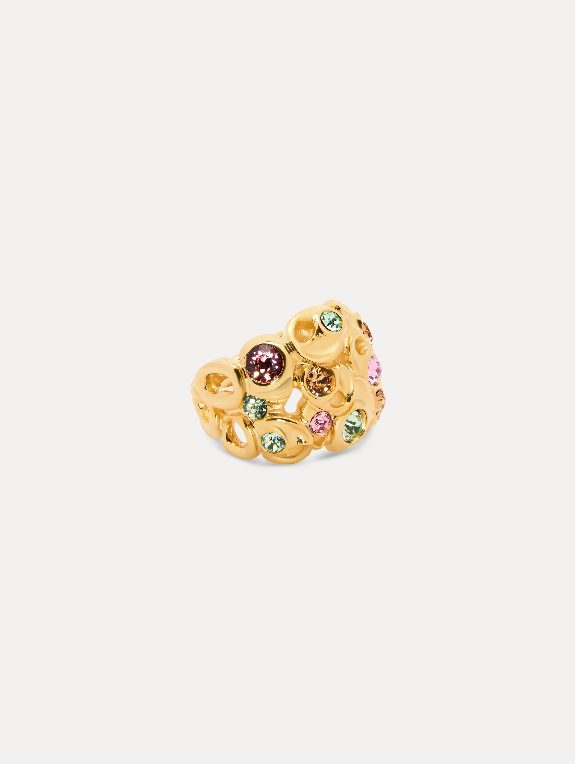 Gold Textured Metal Ring with Multi-Color Crystals Front View