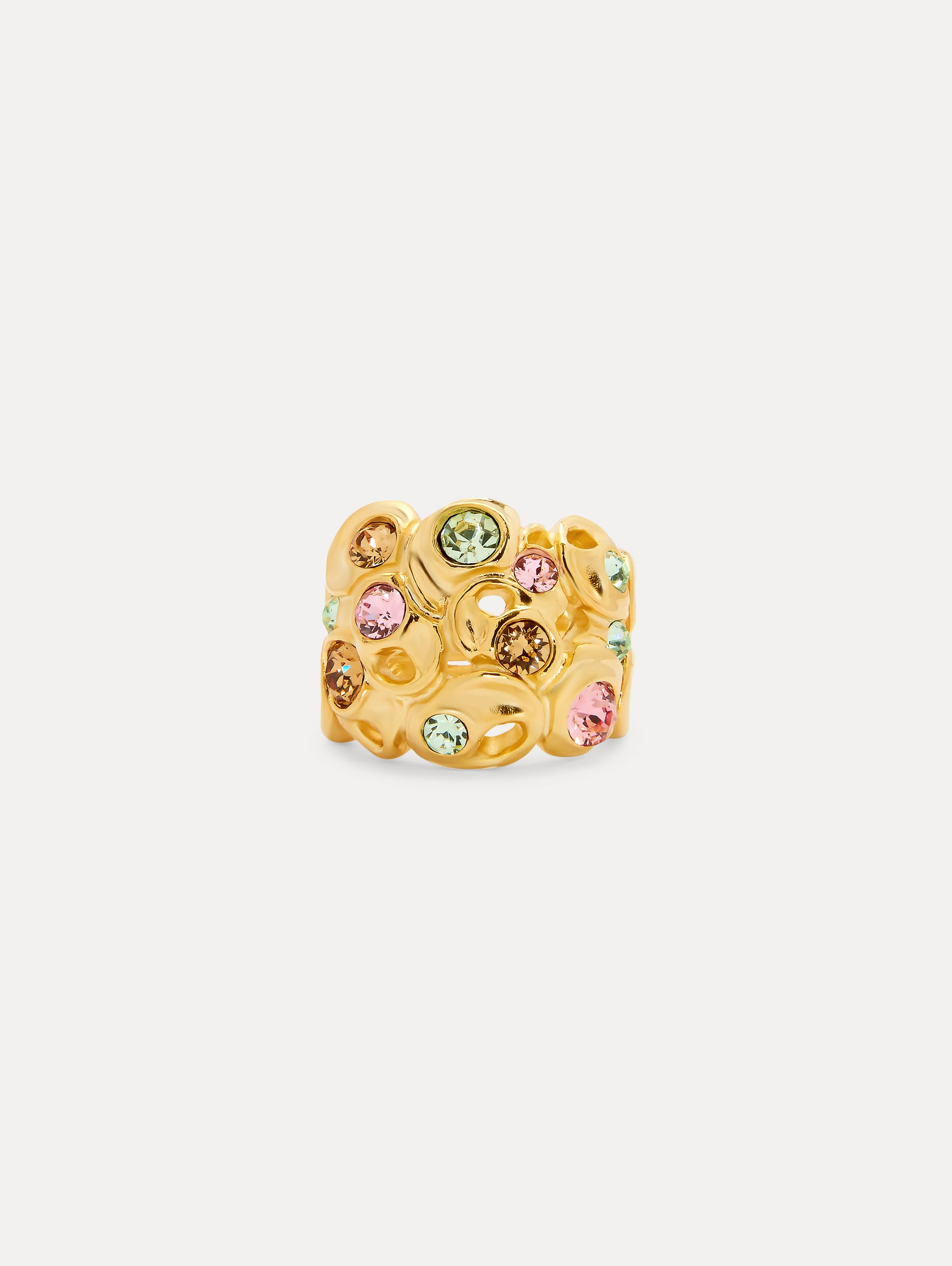 Gold Textured Metal Ring with Multi-Color Crystals Front View