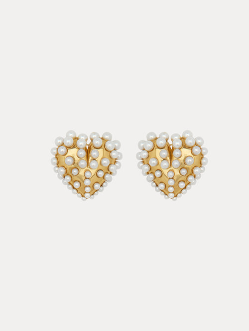 Gold Heart Earrings with small Pearls Front View