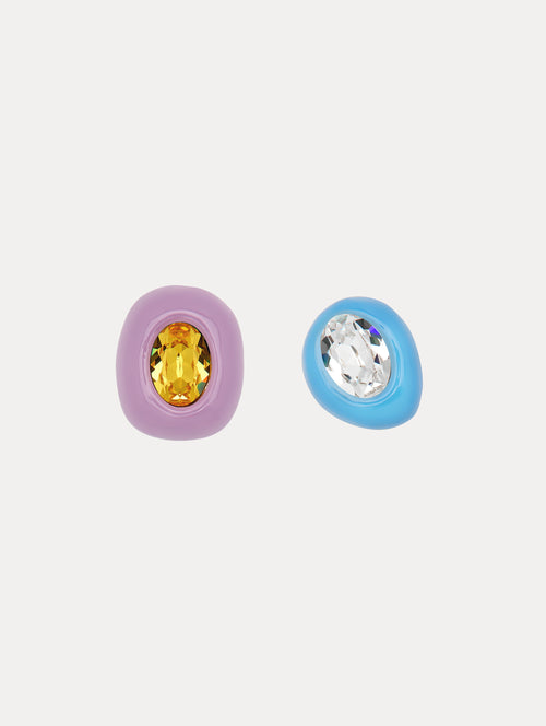 Asymmetric Lilac and Blue Enamel Clip-On Earrings with Yellow and Silver Crystal in the Center Front View