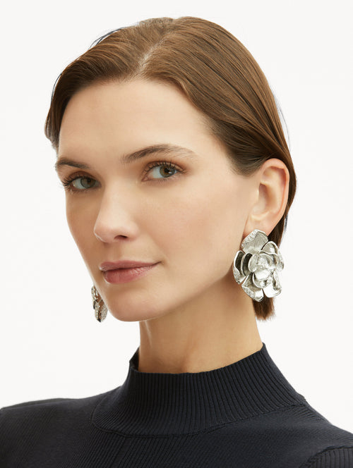 Large Pavé Silver Rose Clip-On Earrings Front View