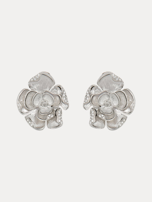 Silver Large Pavé Rose Clip-On Earrings with Crystals in the Border of some of the Petals Front View