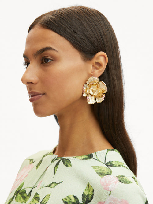 Large Pavé Gold Rose Clip-On Earrings Front View