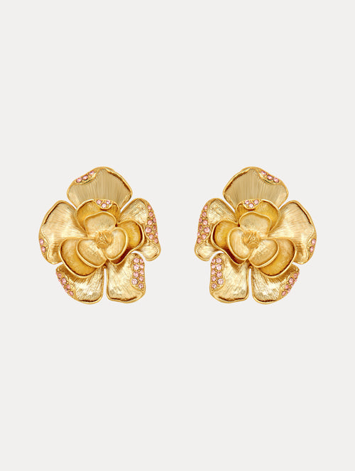 Gold Large Pavé Rose Clip-On Earrings with Pink Crystals in the Border of some of the Petals Front View